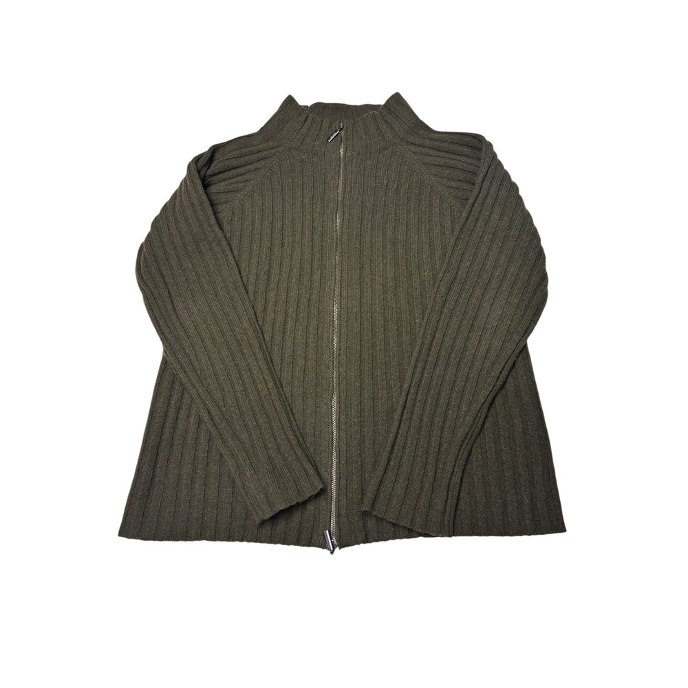 Armani Collezioni Mens Olive Green 100% Virgin Wool Ribbed Zip Sweater 52 Italy